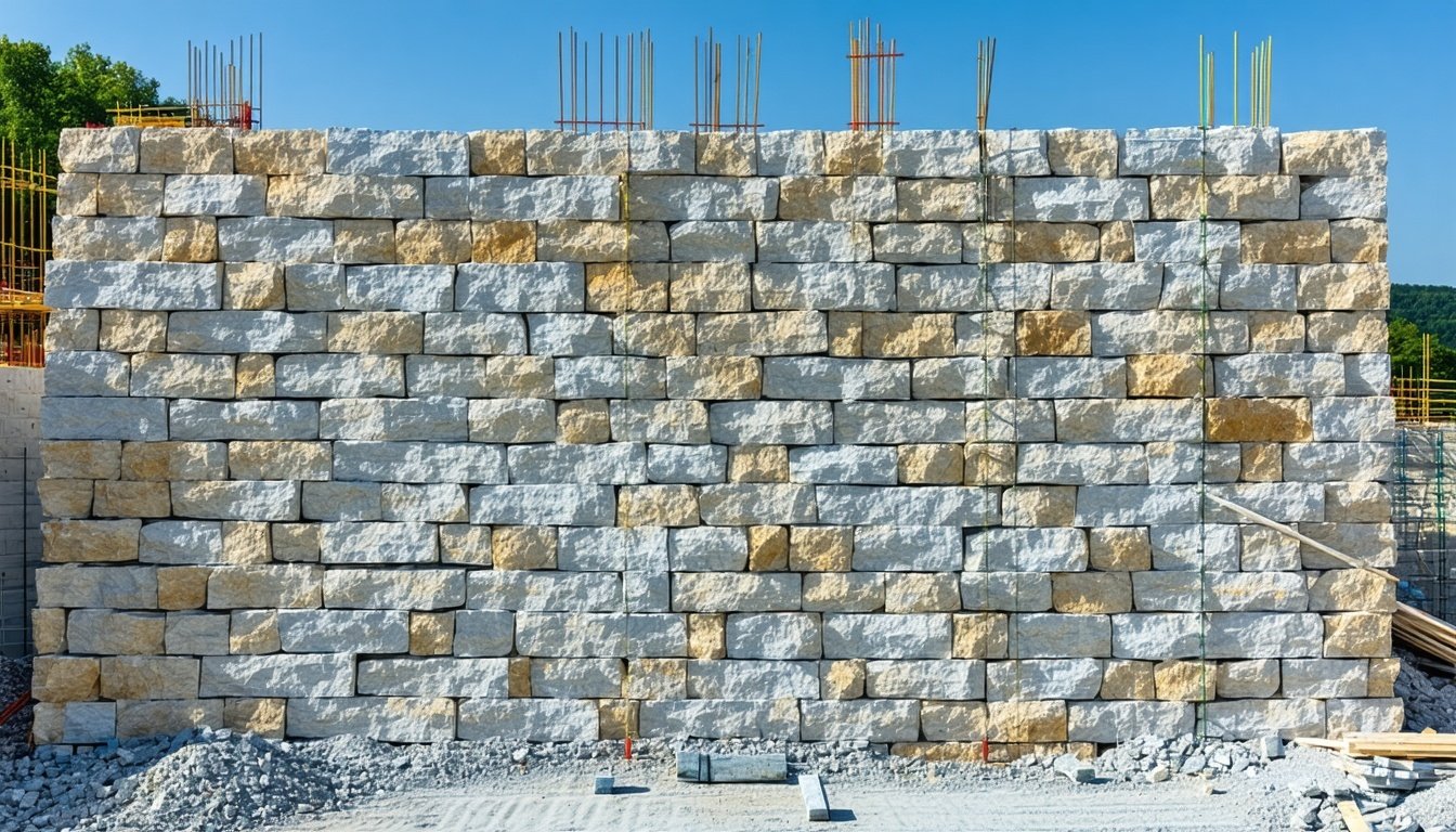 Un grand mur de pierre multi-couches en construction avec des barres de renforcement visibles.